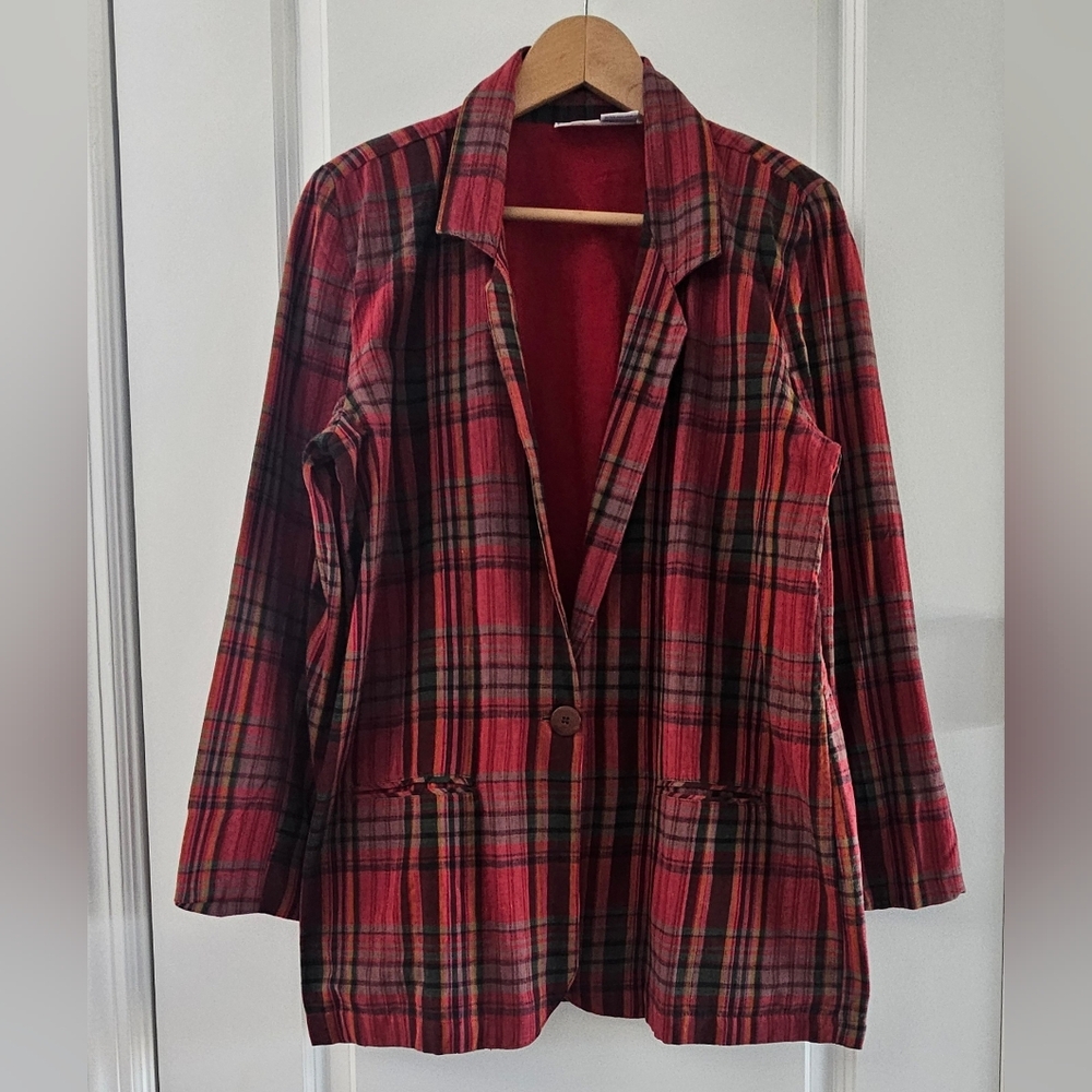 Vintage Women cotton green brown red plaid blazer jacket size M-L